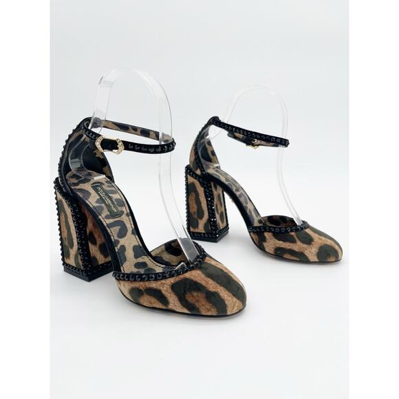 Dolce & Gabbana Shoes - Dolce Gabbana Leopard Velvet Crystal Studded Block Heel Ankle Strap Pumps IT 36